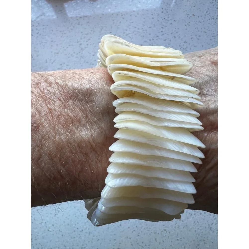 Vintage Caribbean Beach Sea Shell Stretch Off White Lustrous Cuff Bracelet